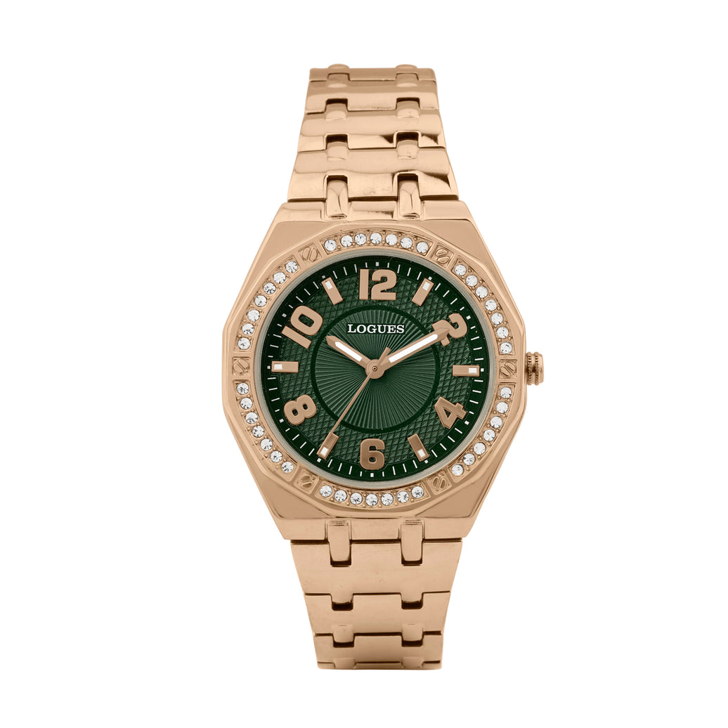 Logues | L 6274 WM-10 Logues Quartz Analogue Green Dial Rose Metal Strap Watch For Women