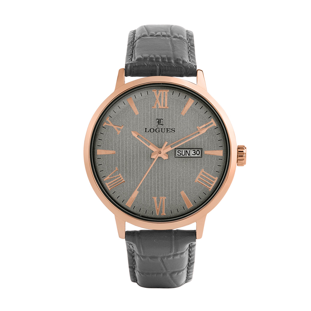 Logues | G 4211 WLD-27 Logues Quartz Analogue Grey Dial Grey Leather Strap Watch For Men
