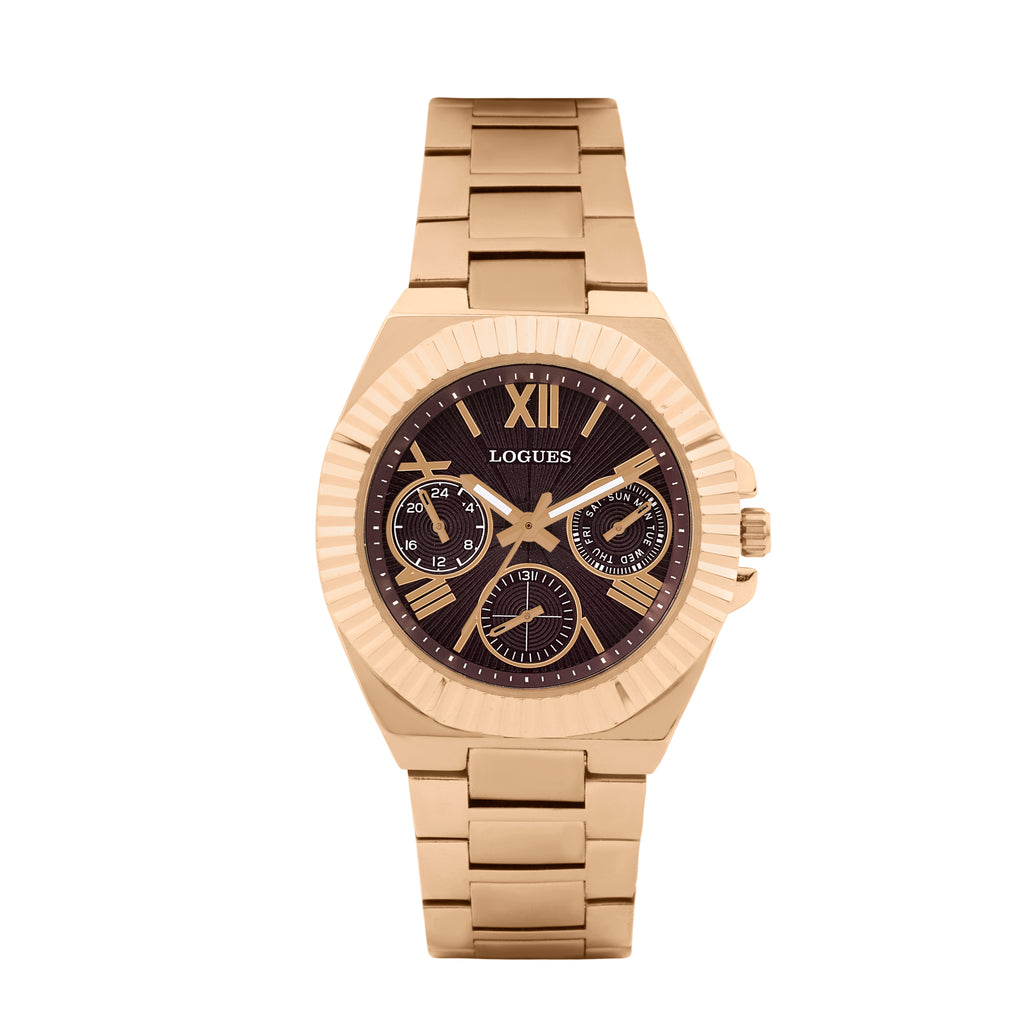 Logues | L 1725 WM-08 Logues Quartz Analogue Purple Dial Rose Metal Strap Watch For Women