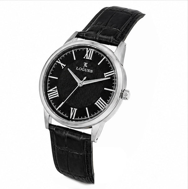 Logues | G 4204 QL-03 Logues Quartz Analogue Black Dial Grey Leather Strap Watch For Men