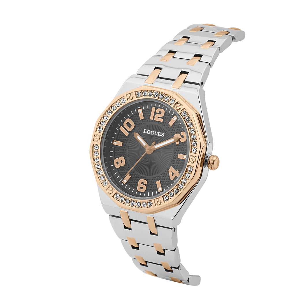 image Logues | L 6274 BWM-27 Logues Quartz Analogue Grey Dial Steel Rose Metal Strap Watch For Women