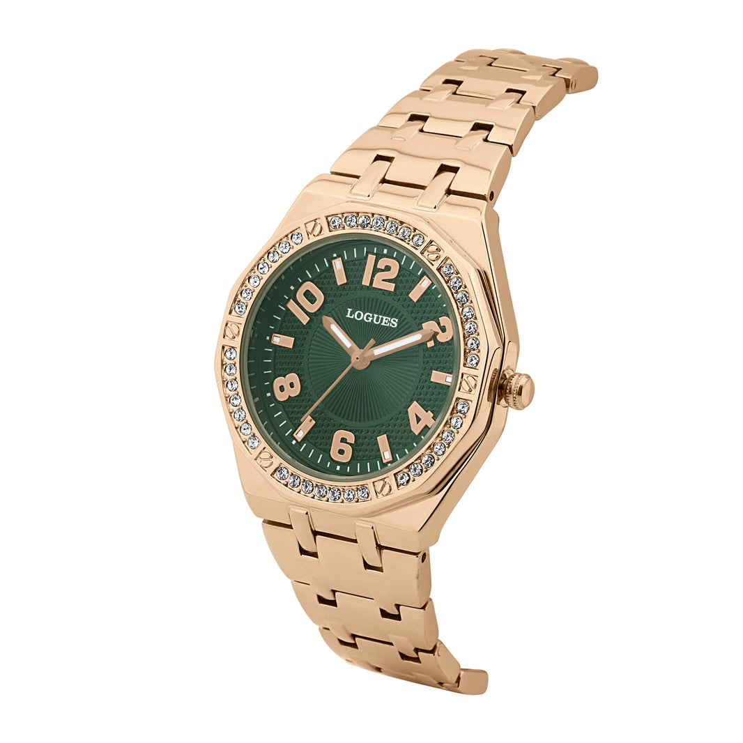 image Logues | L 6274 WM-10 Logues Quartz Analogue Green Dial Rose Metal Strap Watch For Women