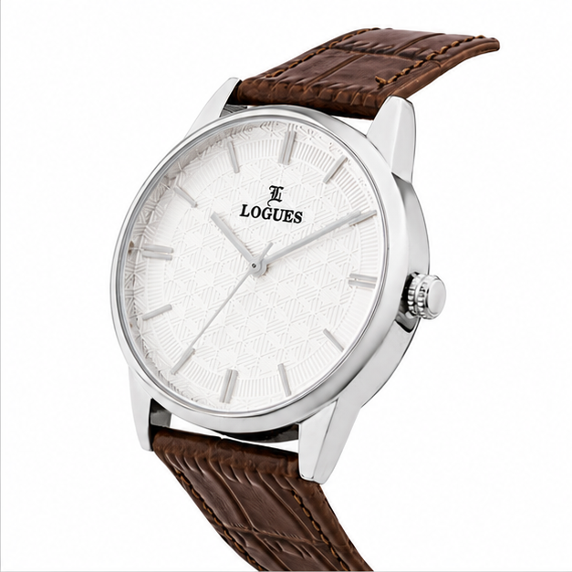 image Logues | G 4173 SL-02 Logues Quartz Analogue Silver Dial Brown Leather Strap Watch For Men