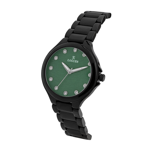 Logues | L 6239 NM-10 Logues Quartz Analogue Green Dial Black Metal Strap Watch For Women