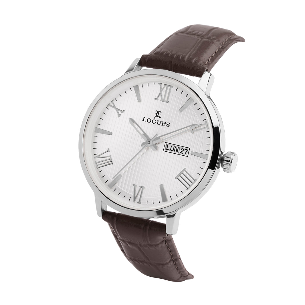 image Logues | G 4211 SLD-02 Logues Quartz Analogue Silver Dial Brown Leather Strap Watch For Men