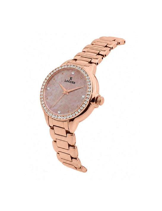 Logues | L 6233 WM-09 Logues Quartz Analogue Pink Dial Rose Metal Strap Watch For Women