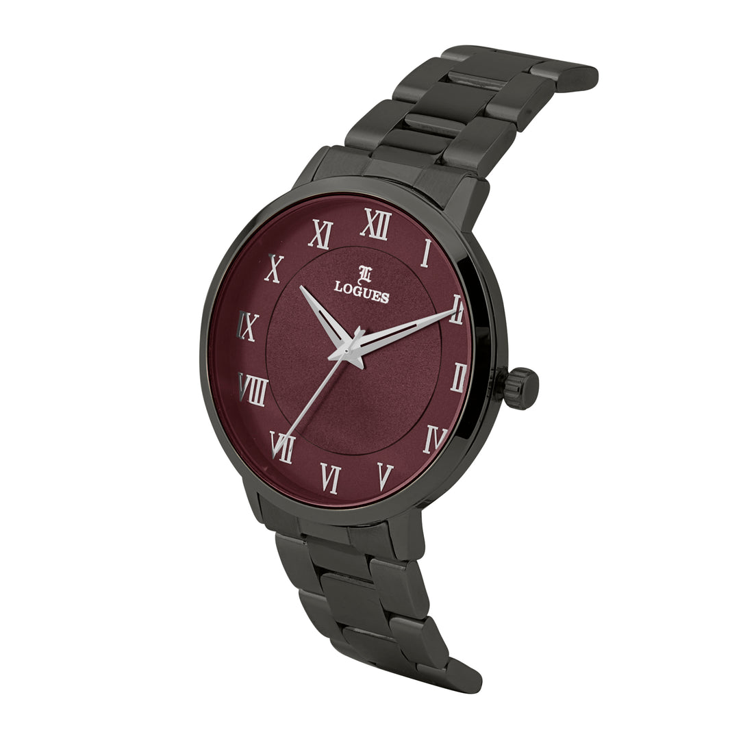 image Logues | G 4219 QM-87 Logues Quartz Analogue Red Dial Grey Metal Strap Watch For Men