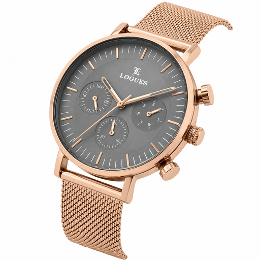 Logues | G 1990 WZ-27 Logues Quartz Analogue Grey Dial Rose Mesh Strap Watch For Men