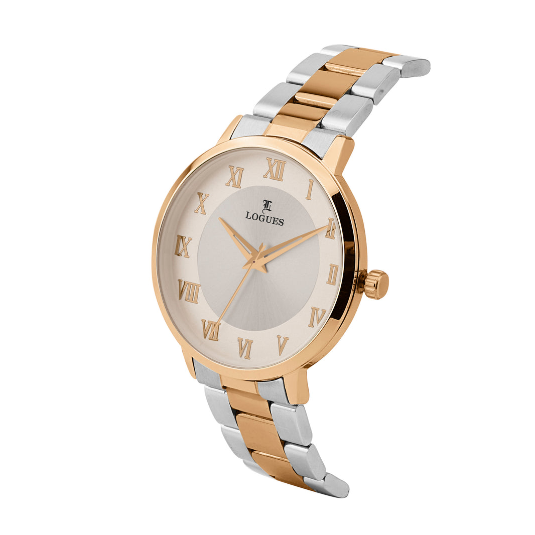 image Logues | G 4219 BWM-02 Logues Quartz Analogue Silver Dial Steel Rose Metal Strap Watch For Men