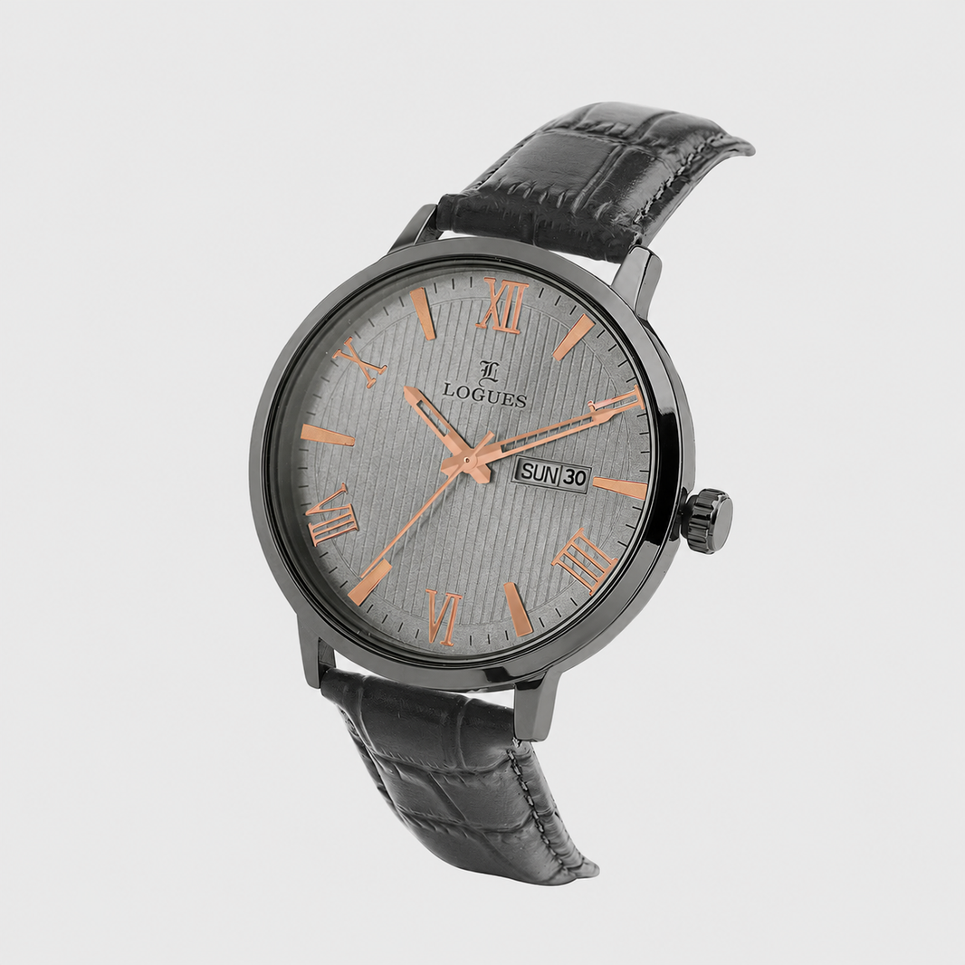 image Logues | G 4211 QLD-27 Logues Quartz Analogue Grey Dial Grey Leather Strap Watch For Men