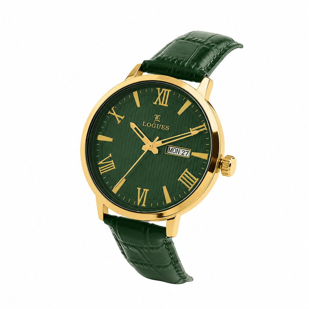 image Logues | G 4211 YLD-10 Logues Quartz Analogue Green Dial Green Leather Strap Watch For Men