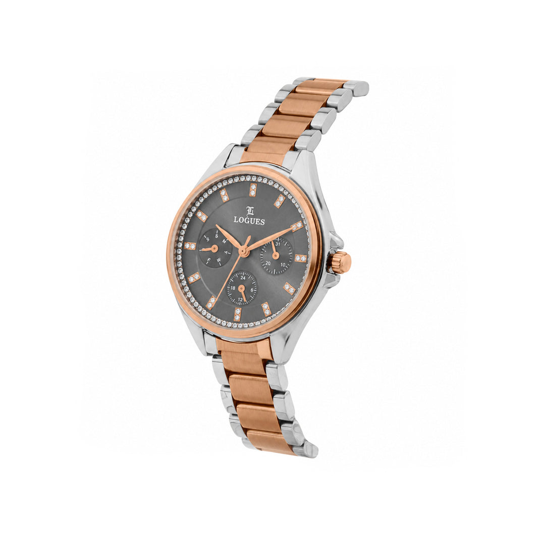 image Logues women's multifunction watch, green dial, rose dual-tone metal strap, 40 mm case - L 1715 BWMD-27 (view 2)