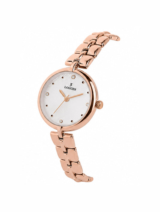 Logues | L 6262 WM-02 Logues Quartz Analogue Silver Dial Rose Metal Strap Watch For Women