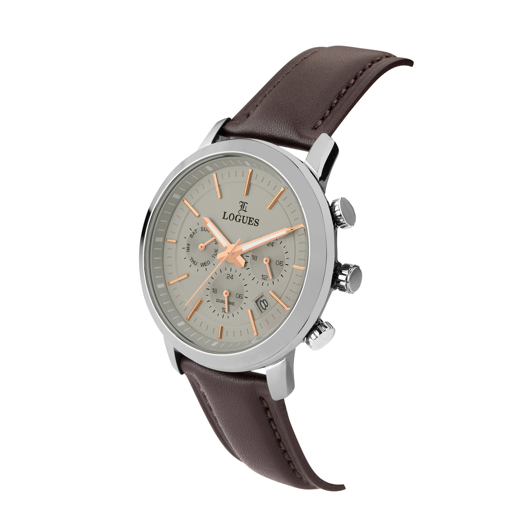 image Logues | G 1913 SLD-77 Logues Quartz Analogue Grey Dial Brown Leather Strap Watch For Men