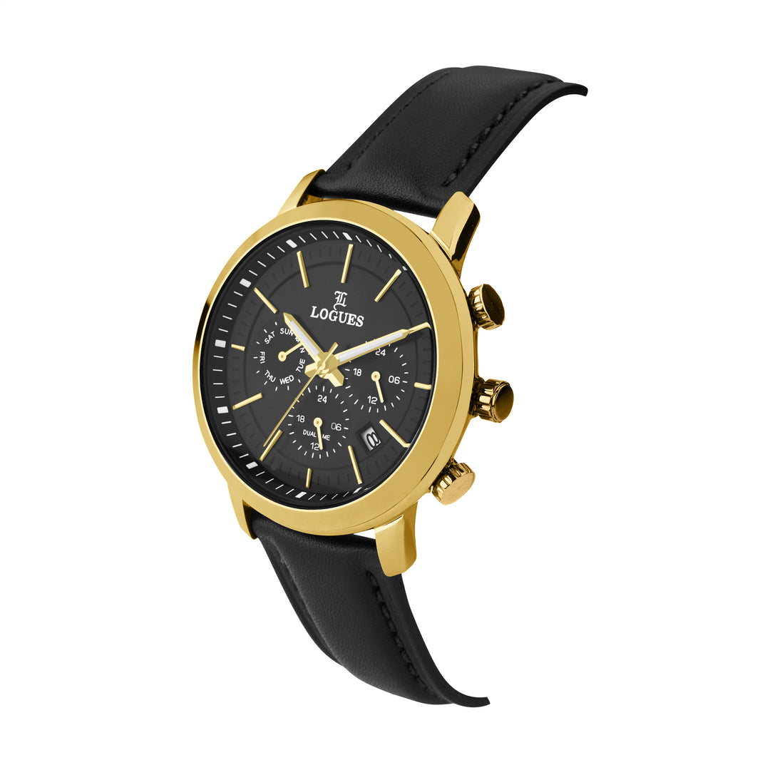 image Logues | G 1913 YLD-03 Logues Quartz Analogue Black Dial Black Leather Strap Watch For Men