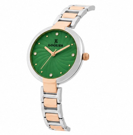 Logues | L 6223 BWM-10 Logues Quartz Analogue Green Dial Rose Two Tone Metal Strap Watch For Women