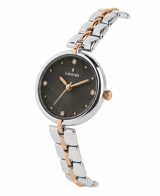Logues | L 6262 BWM-27 Logues Quartz Analogue Grey Dial Rose Two Tone Metal Strap Watch For Women