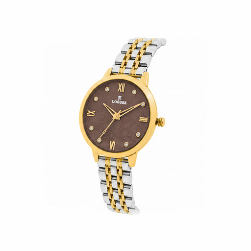 Logues | L 6228 BM-05 Logues Quartz Analogue Brown Dial Gold Two Tone Metal Strap Watch For Women