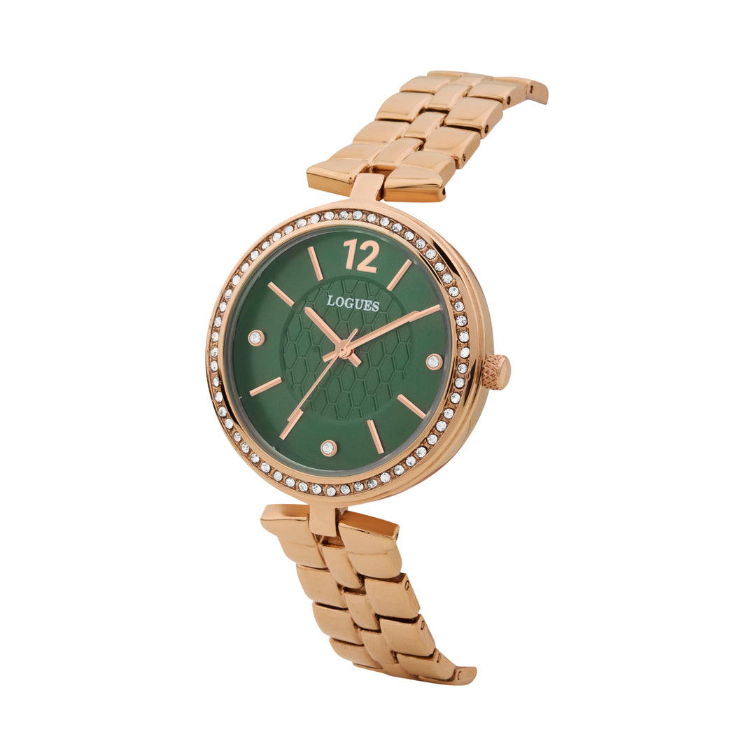 image Logues | L 6275 WM-10 Logues Quartz Analogue Green Dial Rose Gold Metal Strap Watch For Women
