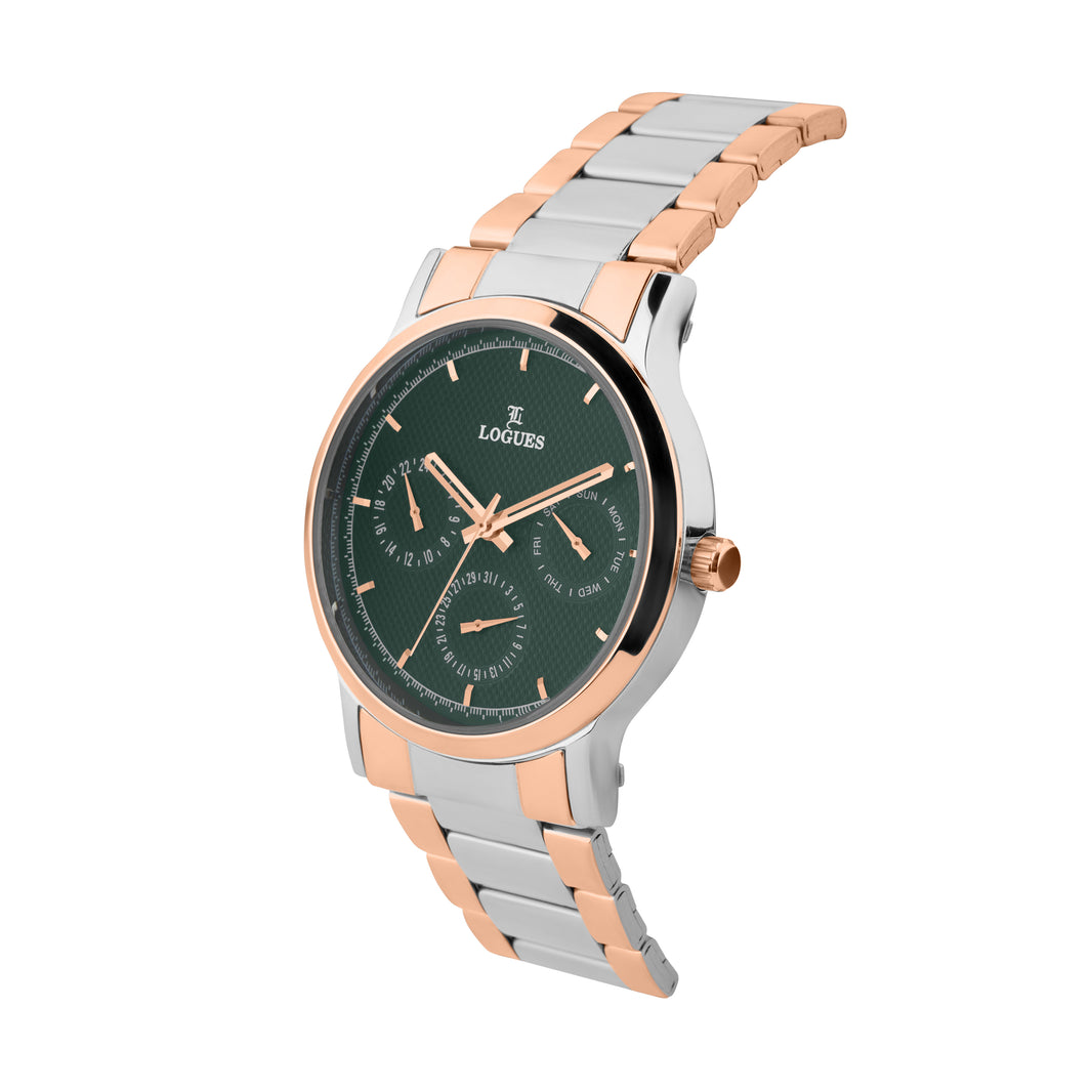 image Logues | G 1912 BWM-10 Logues Quartz Analogue Green Dial Steel Rose Metal Strap Watch For Men
