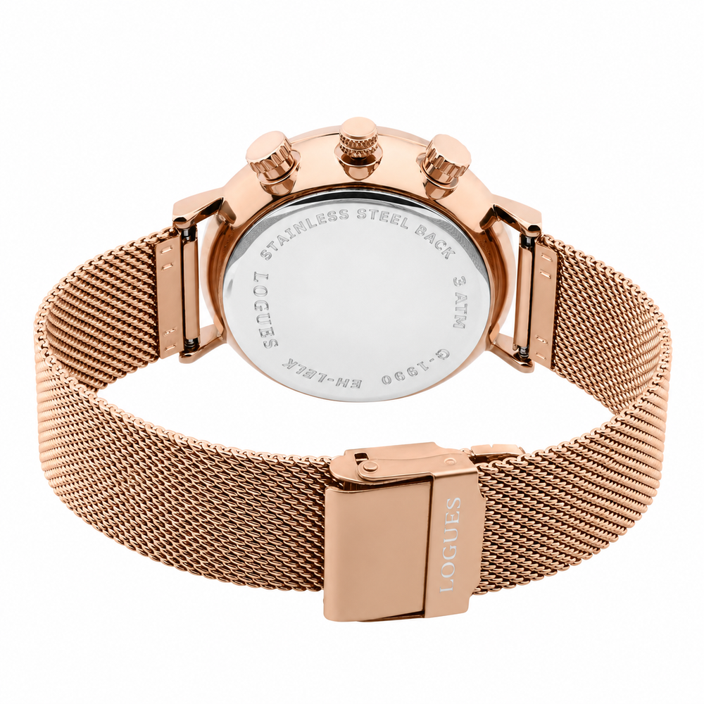 Logues | G 1990 WZ-27 Logues Quartz Analogue Grey Dial Rose Mesh Strap Watch For Men