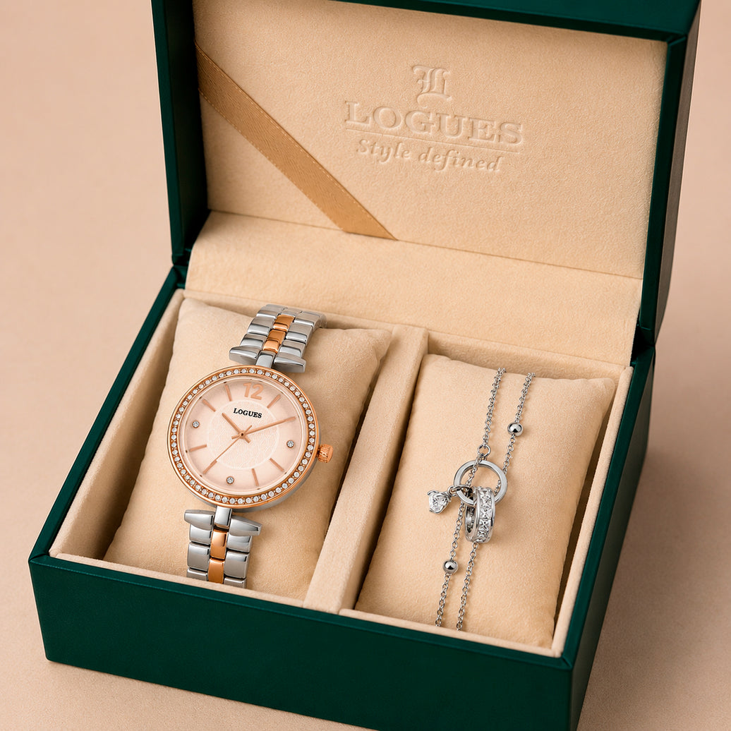 Logues | L 6275 BWM-06 Logues Quartz Analogue Rose Dial Steel Rose Metal Strap Watch For Women