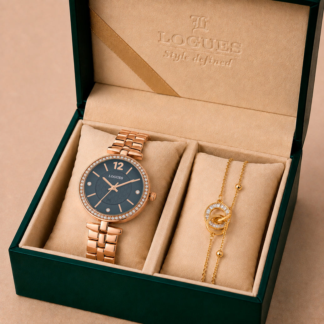 Logues | L 6275 WM-04 Logues Quartz Analogue Blue Dial Rose Gold Metal Strap Watch For Women