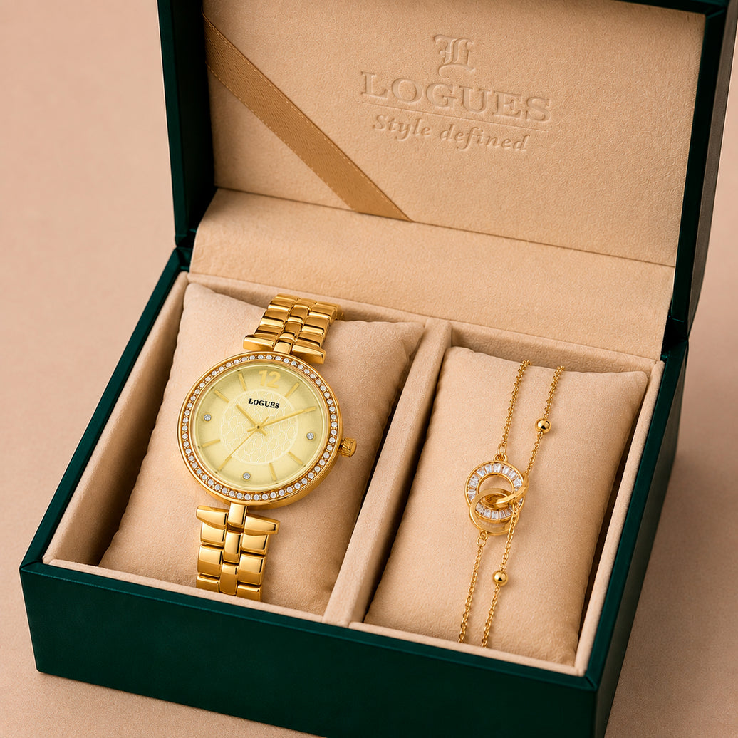 Logues | L 6275 YM-13 Logues Quartz Analogue Gold Dial Gold Metal Strap Watch For Women
