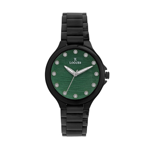 Logues | L 6239 NM-10 Logues Quartz Analogue Green Dial Black Metal Strap Watch For Women